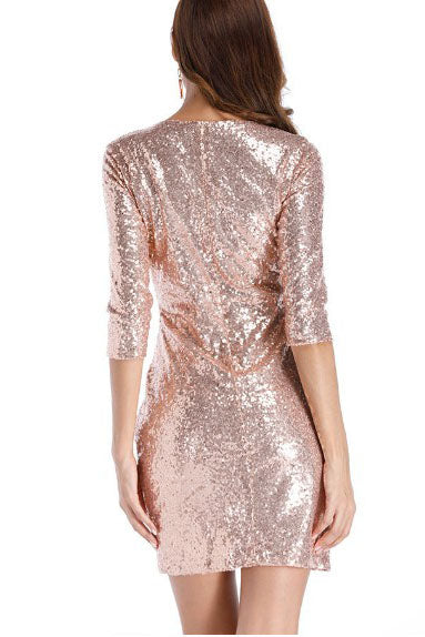 Sequins Half Sleeves Rose Gold Short Party Dress FancyVestido Sequins Half Sleeves Rose Gold Short Party Dress FancyVestido