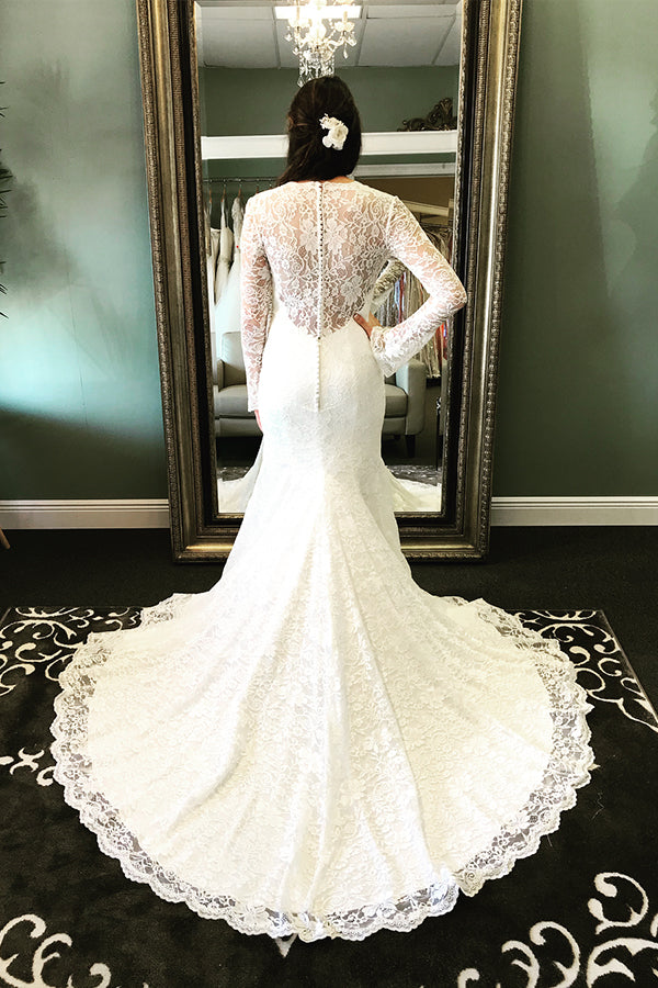Mermaid Long Sleeves V-Neck Ivory Wedding Dress with Train