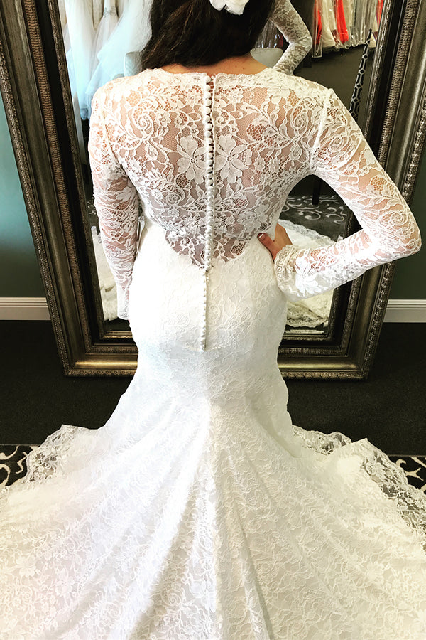 Mermaid Long Sleeves V-Neck Ivory Wedding Dress with Train