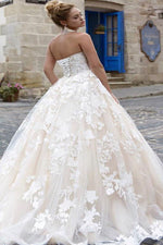 Long Lace-Up A-line Strapless Ivory Wedding Dress with Lace