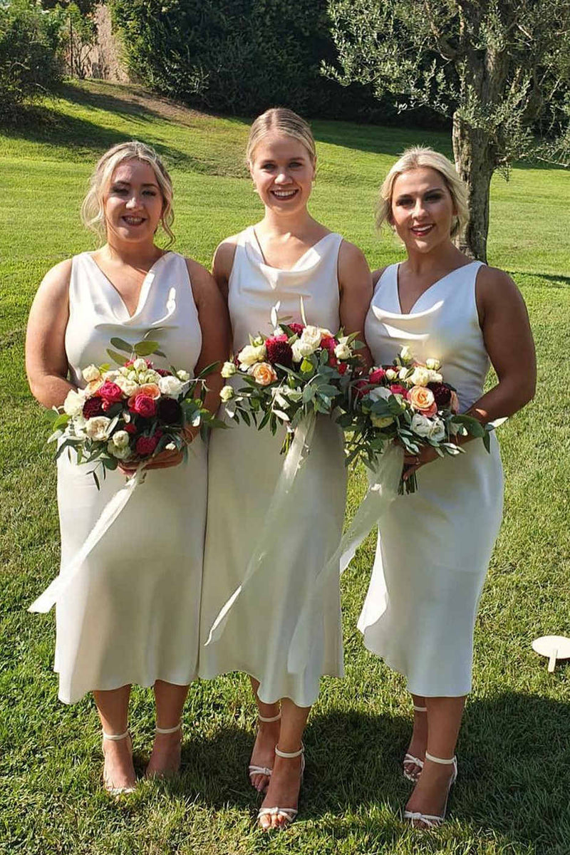 Cowl Neck Ivory Sheath Tea Length Bridesmaid Dress