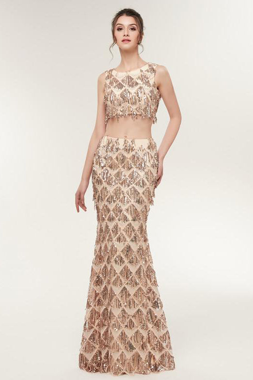 Two Piece Mermaid Champagne Gold Long Prom Dress