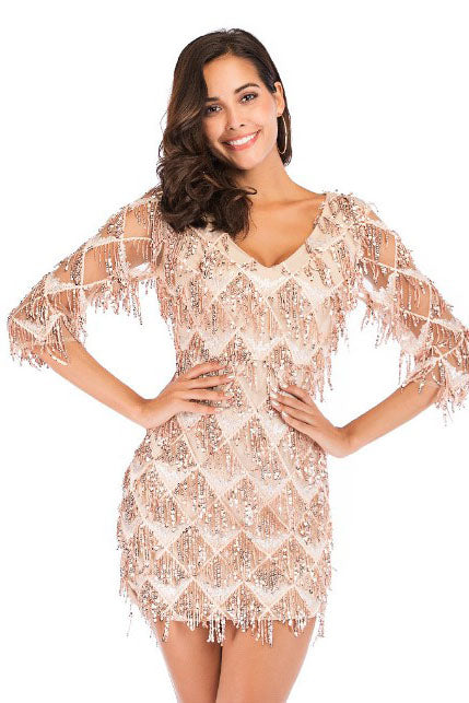 Half Sleeves Short Gold Party Dress with Tassel / Sequins
