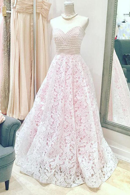 strapless open back dress Long Sweetheart A-line Lace Pink Wedding Dress with Beads – FancyVestido