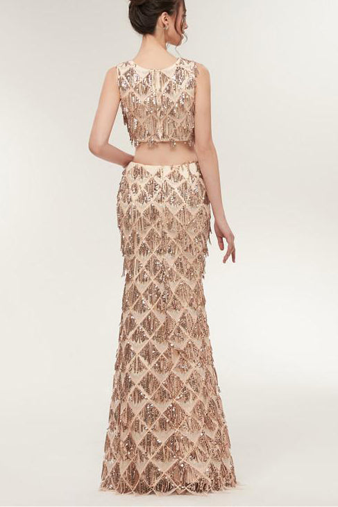 Two Piece Mermaid Champagne Gold Long Prom Dress