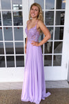 Spaghetti Straps Appliques Lilac Prom Dress with Criss back