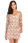 Half Sleeves Short Gold Party Dress with Tassel / Sequins