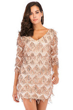 Half Sleeves Short Gold Party Dress with Tassel / Sequins