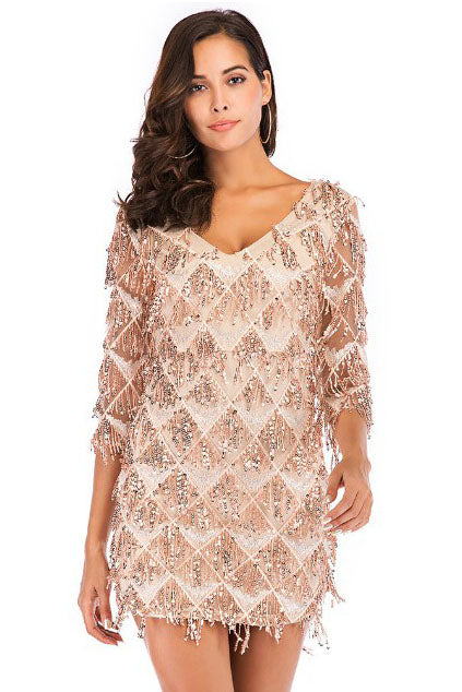 Half Sleeves Short Gold Party Dress with Tassel / Sequins