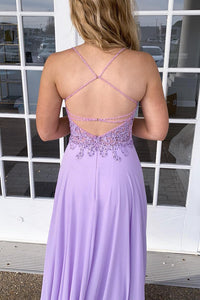 Lilac A-Line Empire V-Neck Lace-Up Maxi Prom Evening Dress
