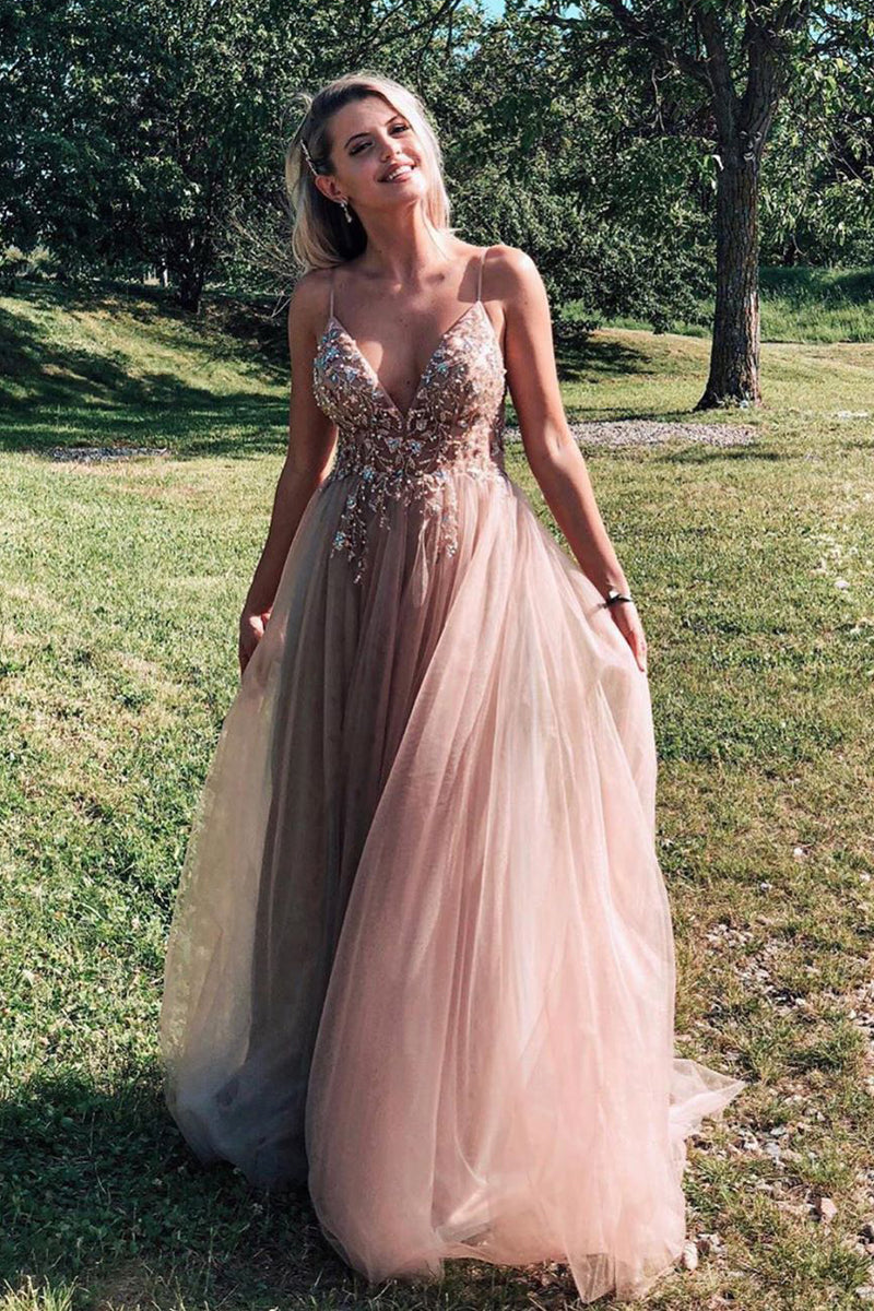 A-Line Beaded Long Rosewood Prom Dress with Split