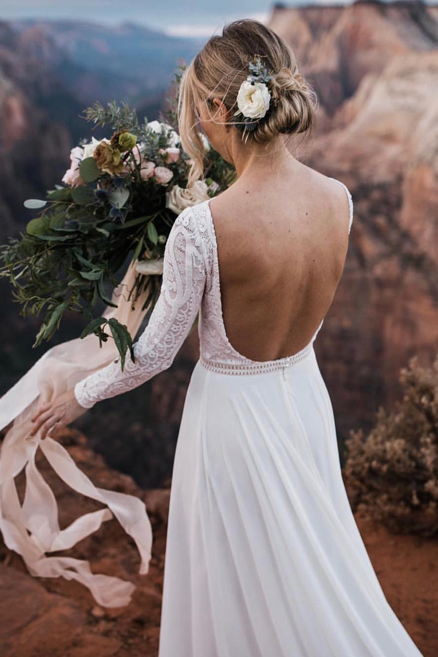 Sheath Open Back Long Sleeves White Wedding Dress with Lace Top FancyVestido Sheath Open Back Long Sleeves White Wedding Dress with Lace Top FancyVestido