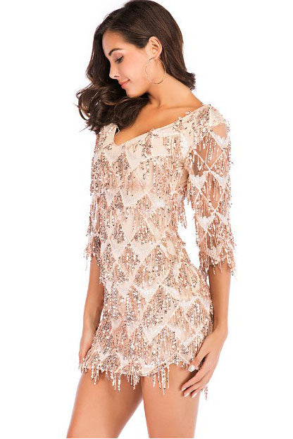 Half Sleeves Short Gold Party Dress with Tassel / Sequins
