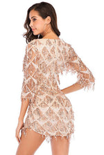 Half Sleeves Short Gold Party Dress with Tassel / Sequins