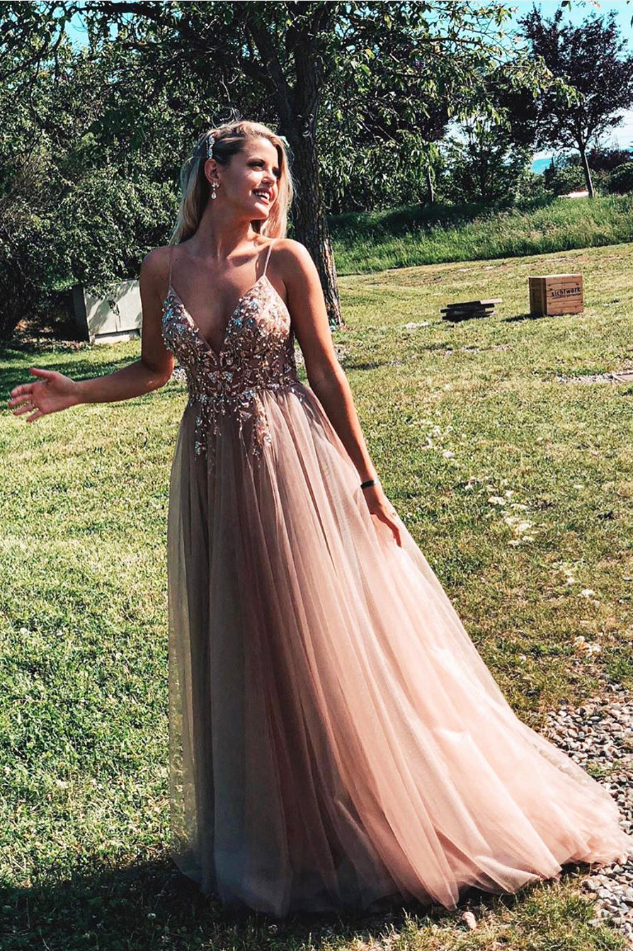A-Line Beaded Long Rosewood Prom Dress with Split FancyVestido A-Line Beaded Long Rosewood Prom Dress with Split FancyVestido