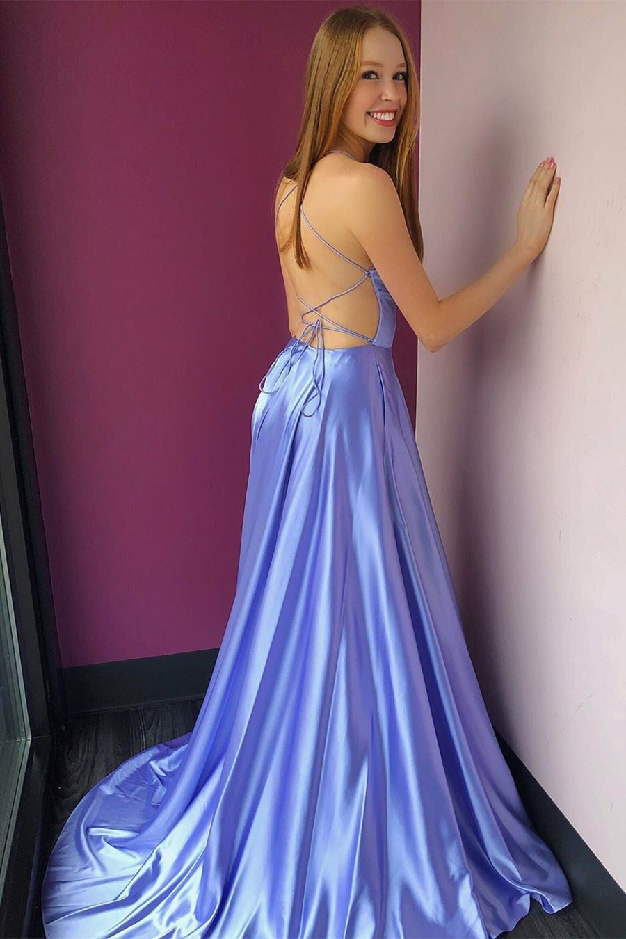 Simple High Slit Lavender Long Prom Dress with Pockets FancyVestido Simple High Slit Lavender Long Prom Dress with Pockets FancyVestido