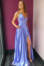 Simple High Slit Lavender Long Prom Dress with Pockets
