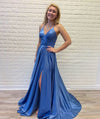 Simple V Neck Royal Blue Long Prom Dress with Tie Back