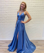 Simple V Neck Royal Blue Long Prom Dress with Tie Back