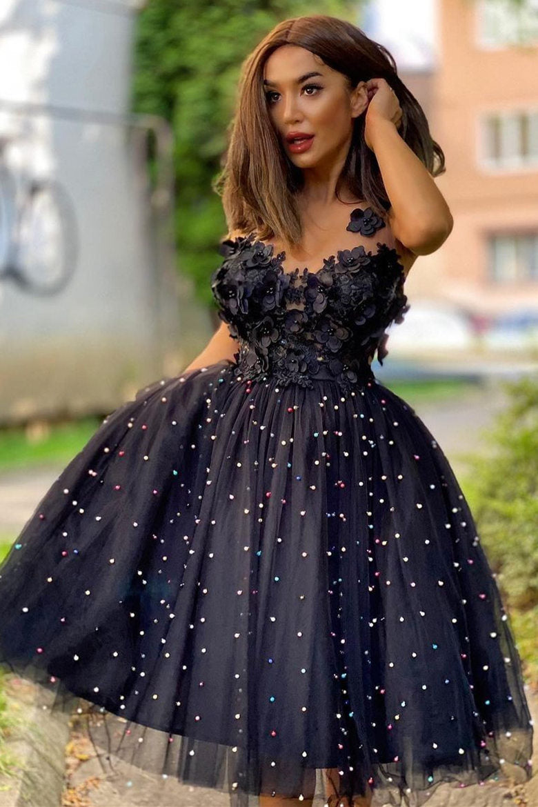 Vintage Black Beaded Homecoming Dress with 3D Flowers