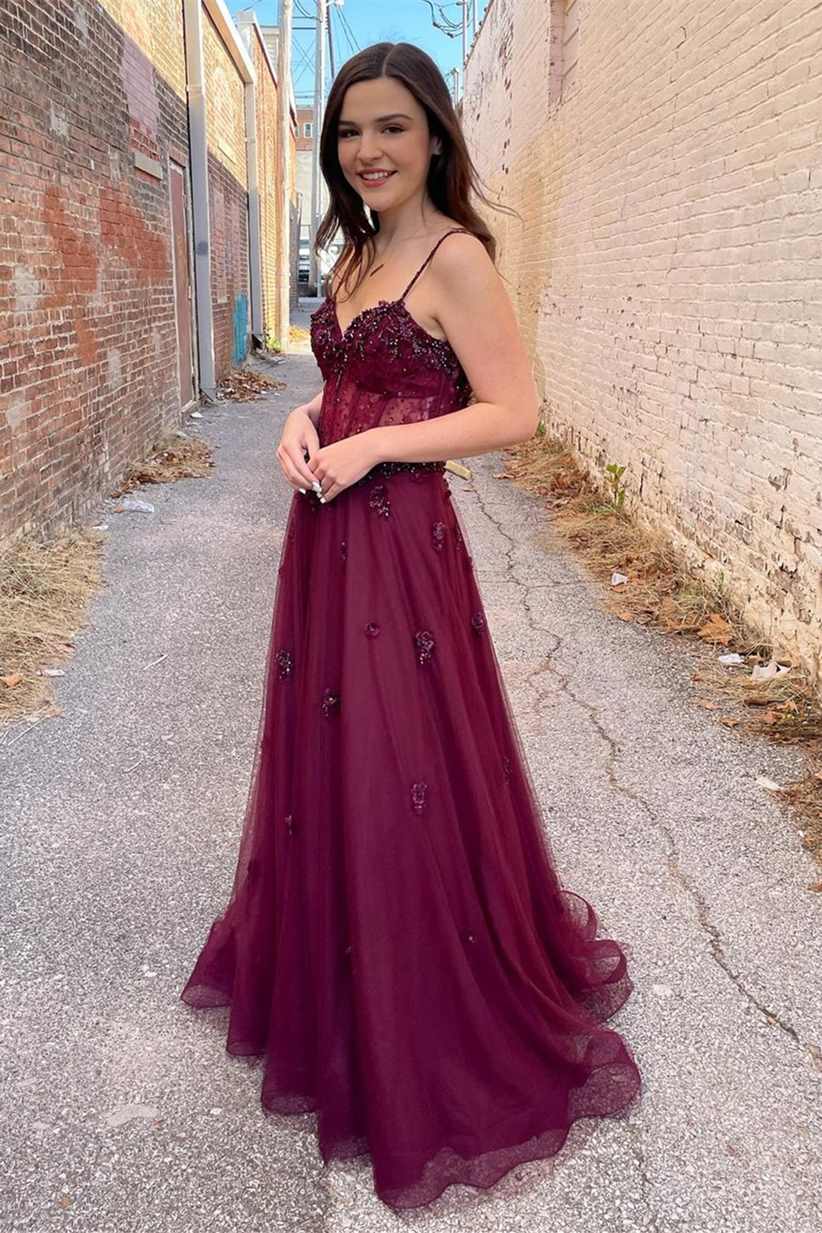 A-Line Spaghetti Straps Plum Beaded Long Prom Dress FancyVestido A-Line Spaghetti Straps Plum Beaded Long Prom Dress FancyVestido