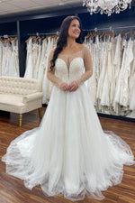 Crew Neck White Beaded Tulle Wedding Dress with Illusion Sleeves