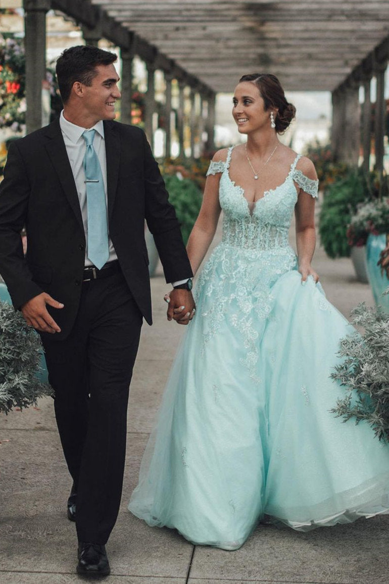 Elegant Cold Sleeve Mint Green Lace Prom Dress FancyVestido Elegant Cold Sleeve Mint Green Lace Prom Dress FancyVestido