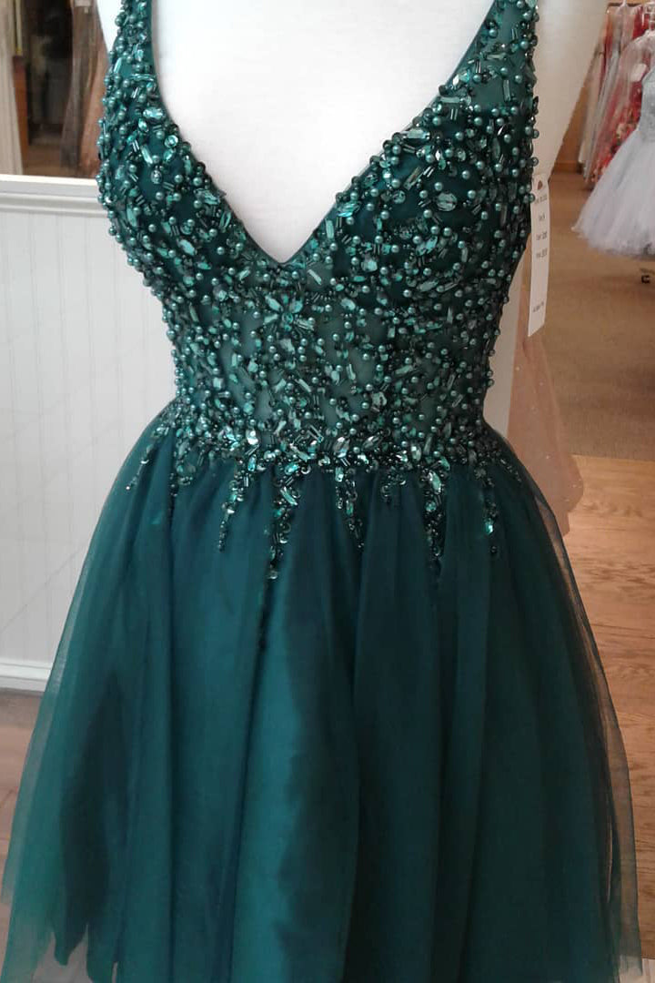 V-Neck Beaded Dark Green Homecoming Dress FancyVestido V-Neck Beaded Dark Green Homecoming Dress FancyVestido
