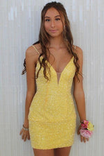 Tight Yellow Beaded Short Homecoming Dress