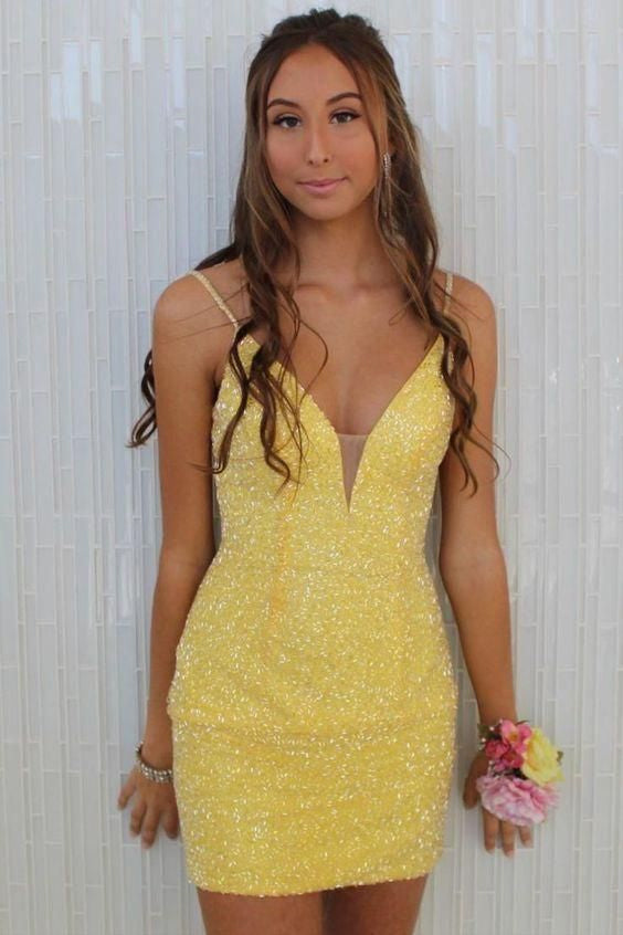 Tight Yellow Beaded Short Homecoming Dress