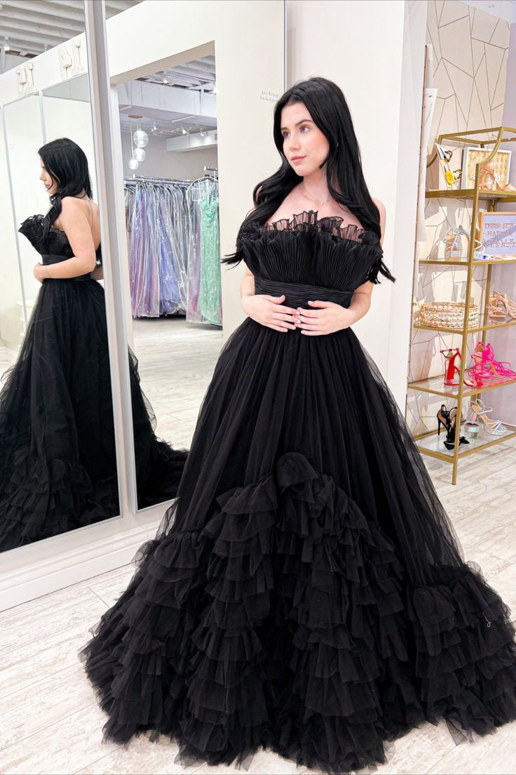 Beautiful Strapless Black Tulle Ball Gown Princess Prom Dresses
