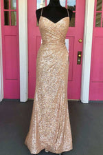 Tight Rose Gold Sequined Long Party Dress