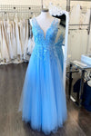 A-Line Sky Blue Lace Appliqued Long Prom Dress