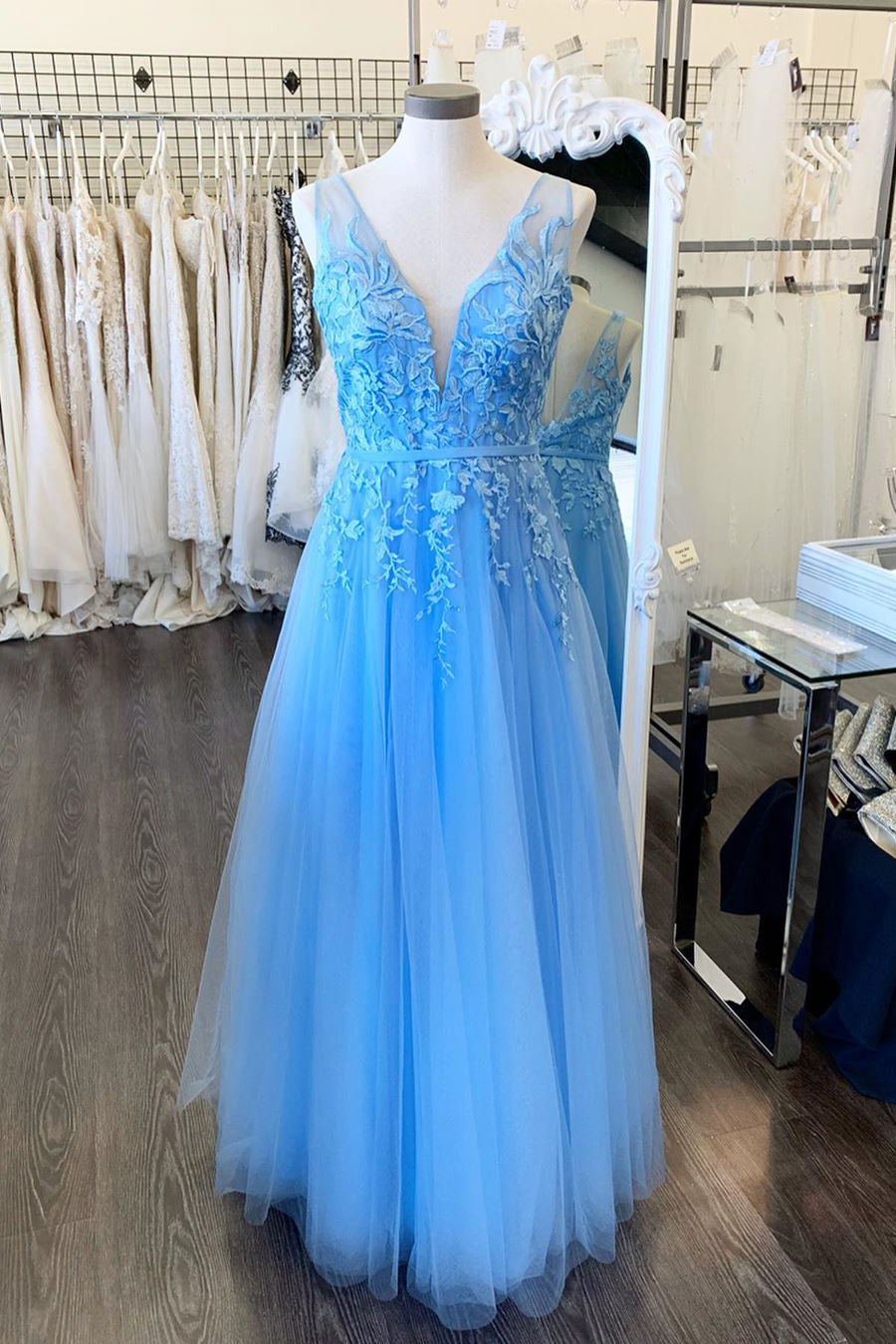A-Line Sky Blue Lace Appliqued Long Prom Dress FancyVestido A-Line Sky Blue Lace Appliqued Long Prom Dress FancyVestido