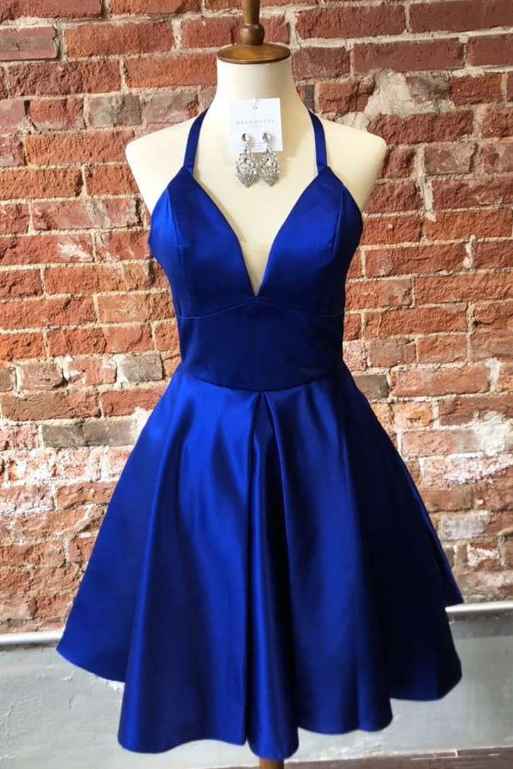 Simple Halter Royal Blue Short Homecoming Dress