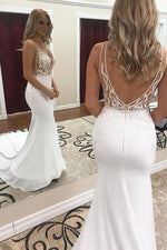 Sexy Deep V-Neck Mermaid White Wedding Dress with Lace