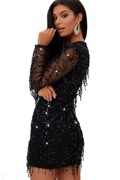 Long Sleeves Sequins Black Short Party Dress