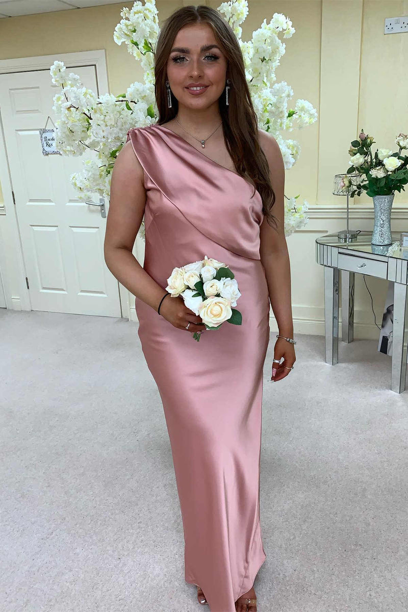 One Shoulder Blush Pink Long Bridesmaid Dress