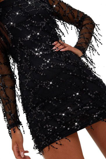 Long Sleeves Sequins Black Short Party Dress