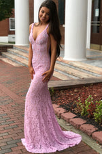 Elegant Mermaid V-Neck Pink Lace Prom Dress