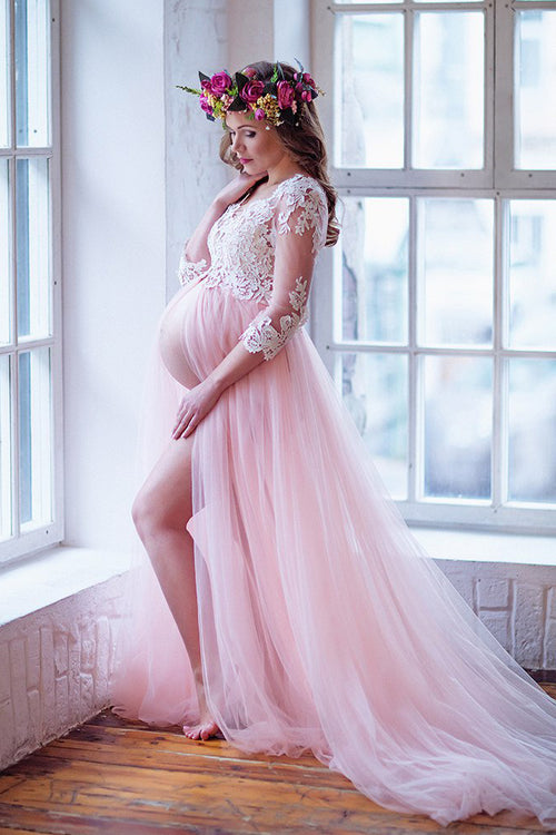 Romantic Pink Long Pregnant Bridal Dress with 3/4 Sleeves