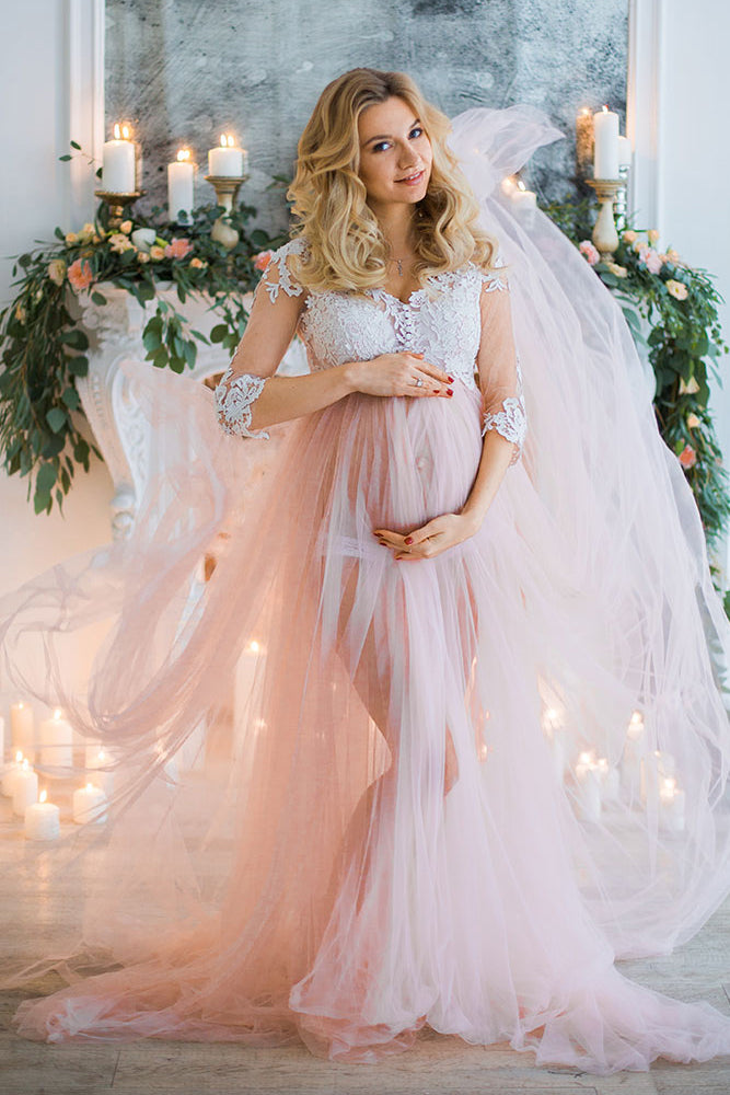 Romantic Pink Long Pregnant Bridal Dress with 3/4 Sleeves