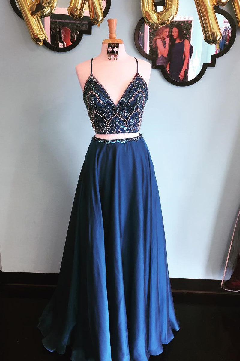 Gorgeous Two Piece Beaded Navy Blue Satin Long Prom Dress FancyVestido Gorgeous Two Piece Beaded Navy Blue Satin Long Prom Dress FancyVestido