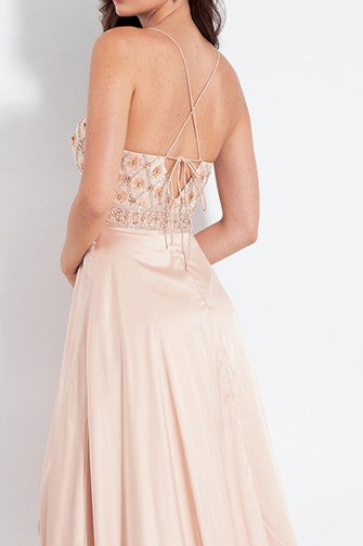 Straps Beaded Peach Long Prom Dress with Side Slit