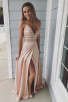 Straps Beaded Peach Long Prom Dress with Side Slit