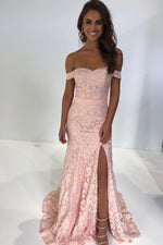 Off the Shoulder Pink Lace Long Evening Dress