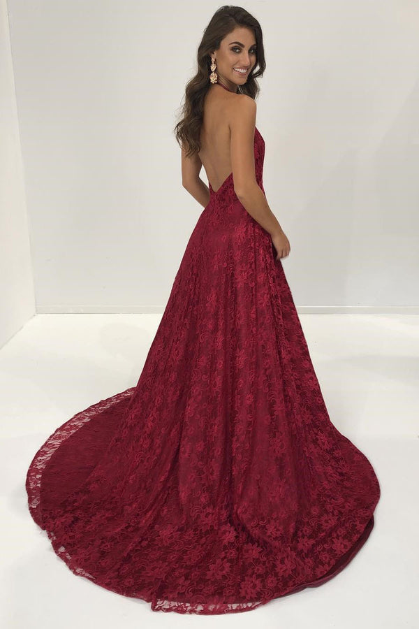 Sexy Burgundy Lace Halter Prom Dress With High Slit