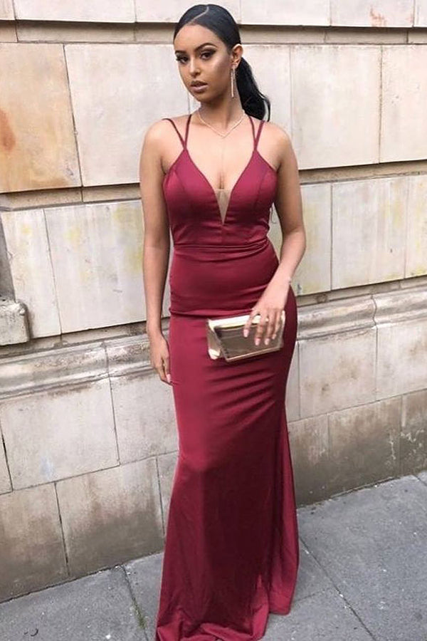 Double Straps Mermaid Burgundy Long Evening Dress