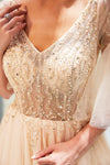 V-Neck Bell Sleeves Beading Champagne Prom Dress with Slit