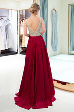 Cold Shoulder Beading V-Back Long Burgundy Prom Dress